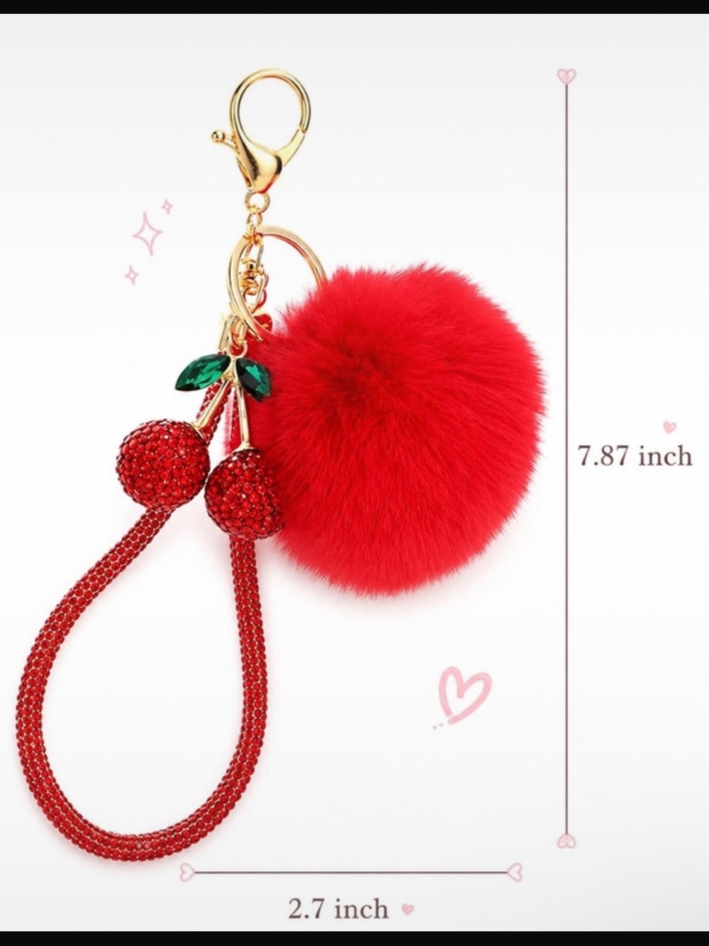 White Cherry Pom Pom Bag Charm Wristlet Keychain - Picture 3 of 3